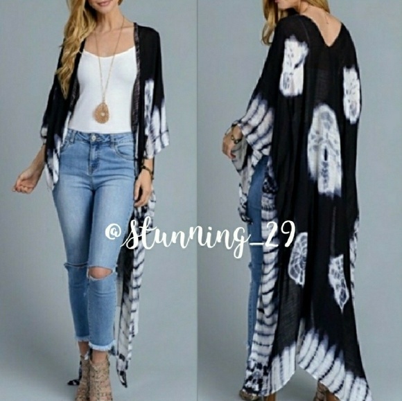 🆕BOHO BLACK TIE DYE OPEN FRONT LONG KIMONO DUSTER - Picture 4 of 8